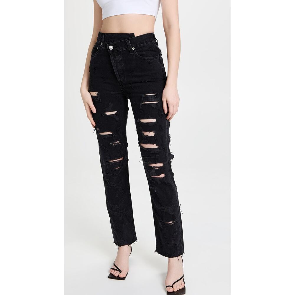 AGOLDE Women’s Feverish Black Distressed Criss Cross Straight Leg Denim Jeans